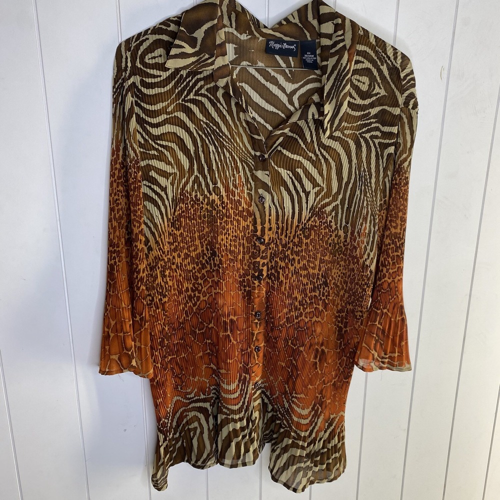 Maggie Barnes Semi Sheer Ombre Animal Print Micro Pleated Blouse Size‎ 2X 22/24